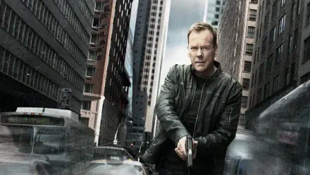 Brooding man in a leather jacket aiming a handgun between towering city buildings with motion-blurred cars — 24-tagged 4K Ultra HD PC desktop wallpaper and background.
