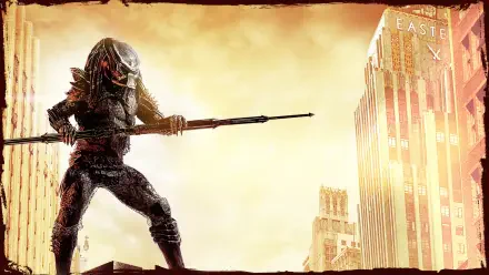 Predator 2 warrior on a rooftop clutching a spear against a sunlit city skyline — 4K Ultra HD PC Desktop Wallpaper and Background.
