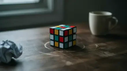 4K Ultra HD PC desktop wallpaper: a Rubik's Cube puzzle cube on a wooden table, soft window light and a coffee mug in the background.