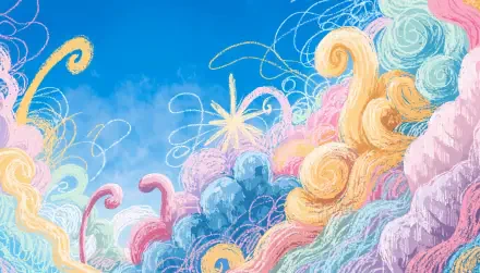 Abstract swirl cloud scene of pastel, brushy curls and wisps against a bright blue sky — 4K Ultra HD PC desktop wallpaper background.