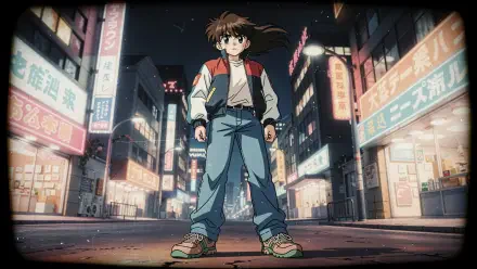 Cool anime boy stands in a neon-lit urban street at night, 4K Ultra HD PC desktop wallpaper background.