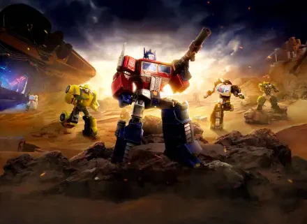 HD PC desktop wallpaper for the video game Transformers: Eternal War showing Optimus Prime leading Bumblebee and other Autobots across a battle-scarred desert under a dramatic sky.