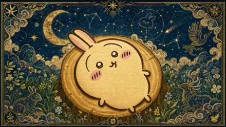 Chiikawa on a golden medallion amid an ornate celestial tapestry of moons, stars and floral motifs — 4K Ultra HD PC desktop wallpaper/background.