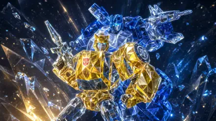 4K Ultra HD PC desktop wallpaper of two crystalline Transformers mecha—golden Autobot and blue ally—from the video game Transformers: Eternal War.