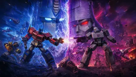 4K Ultra HD PC desktop wallpaper for the video game Transformers: Eternal War showing Transformers locked in a fiery battle amid lightning, explosions and ruined cityscape.