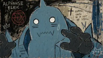 4K Ultra HD PC desktop wallpaper of Alphonse Elric: stylized blue armored figure with wide eyes and outstretched hand, graffiti notes including human soul in a suit of steel.