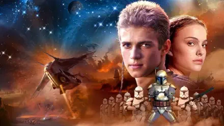 Star Wars Episode II: Attack Of The Clones 2K Quad HD PC wallpaper — Anakin Skywalker and Padmé Amidala with clone troopers and a starship amid explosions in space.