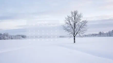5K Ultra HD PC desktop wallpaper: January 2027 calendar over a serene winter landscape — a solitary bare tree in a vast snowfield under a pale sky.