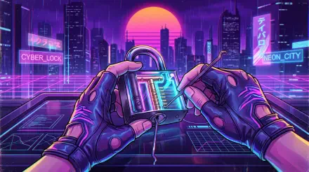 5K Ultra HD PC desktop wallpaper and background: cyberpunk lockpicking scene with gloved hands manipulating a glowing padlock/lock against a neon city skyline and magenta sun.