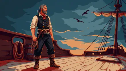 4K Ultra HD PC desktop wallpaper and background: a pirate sailor stands on a ship's wooden deck at sunset, ropes and rigging nearby, seabirds and a dramatic sky on the horizon.