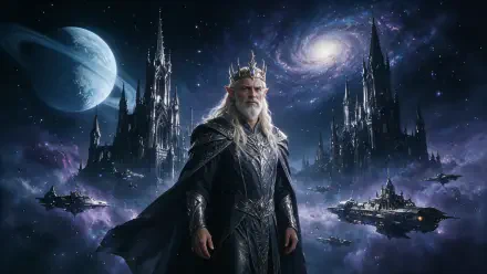 4K Ultra HD PC desktop wallpaper of an Elf King in ornate crown and armor standing before towering gothic castles and floating citadels beneath a moonlit spiral galaxy.