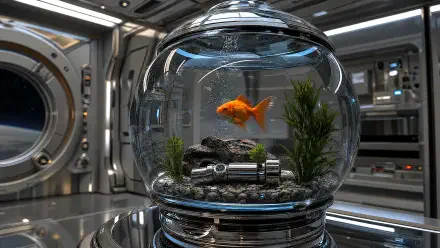 4K Ultra HD PC desktop wallpaper: a goldfish swimming in a glass fish bowl aquarium with pebbles and plants, reflected on a metallic surface inside a futuristic interior.