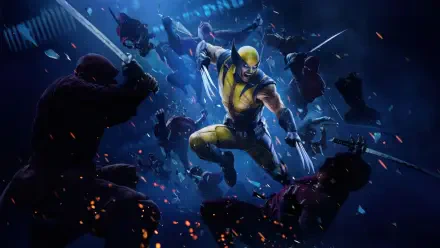 Marvel's Wolverine (X-Men) leaps forward, claws extended through a rain of sparks against a dark blue city backdrop — 4K Ultra HD PC desktop wallpaper.