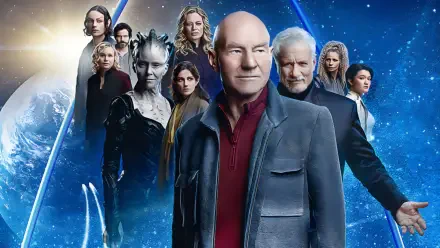 Star Trek: Picard HD PC desktop wallpaper — Jean‑Luc Picard and his crew stand before Earth and a starfield, framed by blue futuristic light streaks.