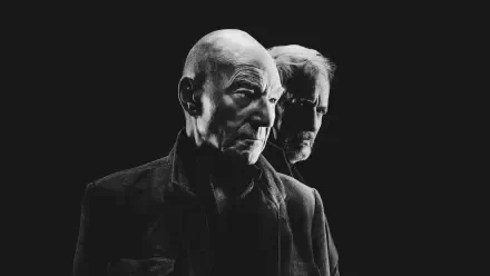 Black-and-white 4K Ultra HD PC desktop wallpaper for Star Trek: Picard featuring two older men in stern profiles emerging from a dark background.