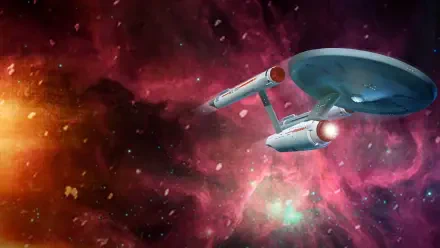 Star Trek 4K Ultra HD PC desktop wallpaper: the USS Enterprise glides past a glowing red-pink nebula, surrounded by stars and drifting cosmic dust.