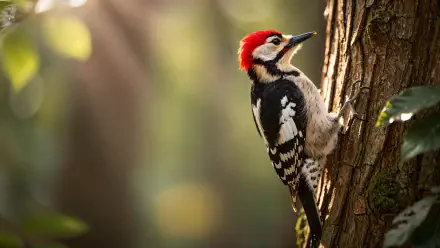 Woodpecker with a red nape clinging to a tree trunk against a soft, sunlit bokeh forest — 4K Ultra HD PC desktop wallpaper and background.