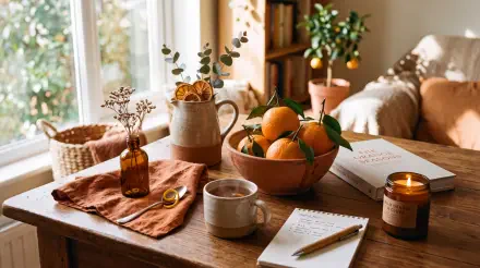 5K Ultra HD PC desktop wallpaper background: warm orange aesthetic table with bowl of oranges, steaming mug, candle, notebook and pen by a sunlit window.