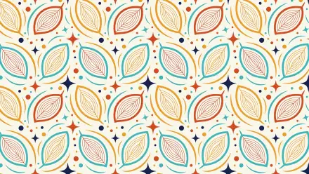 4K Ultra HD PC desktop wallpaper: repeating stylized leaf pattern in teal, orange, mustard and red with navy dots and star accents on a cream background.