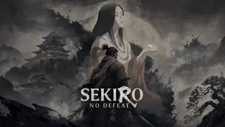 Sekiro: No Defeat video game 4K Ultra HD PC desktop wallpaper — lone samurai kneels before a pale, ghostly woman amid misty temples and jagged mountains.