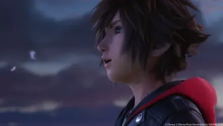 Close-up of Sora from Kingdom Hearts IV — anime-style boy from the video game, gazing at a twilight sky; 4K Ultra HD PC desktop wallpaper.