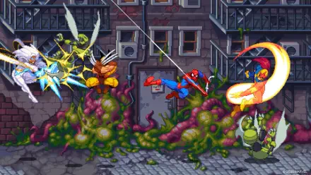 HD PC desktop wallpaper background for MARVEL Cosmic Invasion video game: Spider-Man battling alien tentacles and foes across a vibrant pixel-art city street.