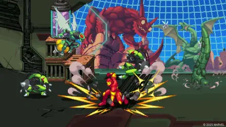 HD PC desktop wallpaper/background from MARVEL Cosmic Invasion video game: Iron Man clashes with a giant red monster and green minions in a pixel-art city battle.