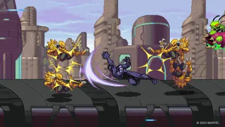 HD PC desktop wallpaper from MARVEL Cosmic Invasion—Black Panther (Marvel Comics) mid-attack on a futuristic platform, slashing two golden cosmic enemies in a 2D side‑scroll action scene.