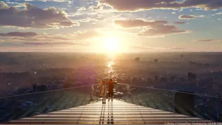 Kingdom Hearts IV (Kingdom Hearts) video game scene: two figures on a rooftop gaze over a sunlit cityscape at dawn — 4K Ultra HD PC desktop wallpaper/background.