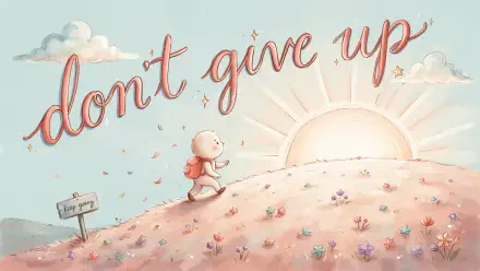 4K Ultra HD PC desktop wallpaper and background: a small child with a backpack walks toward a glowing sunrise over a flower-dotted hill beneath the handwritten quote don't give up.