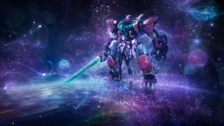 D.Mon mecha with a glowing sword standing on a crystalline space plane, nebula and stars behind, 4K Ultra HD PC desktop wallpaper