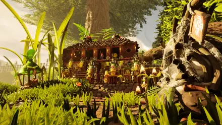 4K Ultra HD PC desktop wallpaper from the video game Grounded 2: a rustic hut nestled in a lush jungle forest among towering blades of grass.