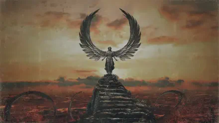 Quake-inspired video game 2K Quad HD PC desktop wallpaper background: a winged angel statue stands atop ruined steps against a fiery, blood-red sky.