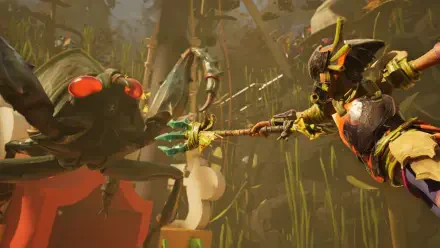 HD PC desktop wallpaper from video game Grounded 2: an armored insect-alien warrior lunges with a spiked spear at a giant red-eyed insect amid towering backyard grass.