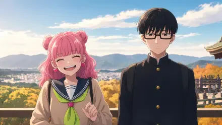 5K Ultra HD PC desktop wallpaper of Miyu Suzuki and Yuusuke Tani: pink‑haired, smiling girl and stoic bespectacled boy standing before a sunlit autumn cityscape.
