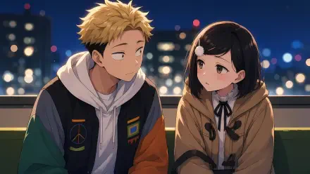 5K Ultra HD PC desktop anime wallpaper of Kentarou Yamada and Natsumi Nishi from Seihantai na Kimi to Boku: two teens on a rooftop at night, city lights glowing behind them.