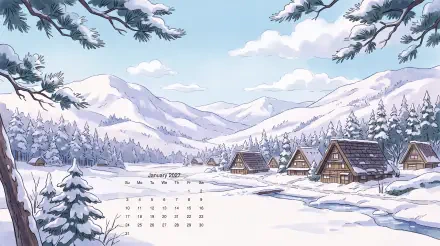 January 2027 calendar wallpaper showing a snowy mountain valley with pine trees and cozy wooden cabins by a frozen stream under a clear blue sky — 5K Ultra HD desktop background