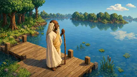 La Peace (meme) 4K Ultra HD PC Desktop Wallpaper and Background: robed figure with staff stands on a wooden dock, gazing over a tranquil lake with tree-covered isles and a reflective blue sky.