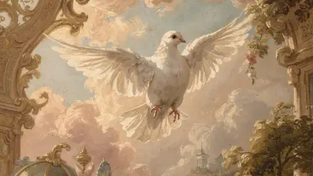 4K Ultra HD PC desktop wallpaper and background: a white dove soars with outstretched wings amid sunlit baroque clouds and ornate architectural flourishes.