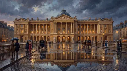 5K Ultra HD PC desktop wallpaper/background: grand illuminated palace landmark reflected in a rain-soaked square, ornate architecture under a stormy sky, figures with umbrellas and a carriage.