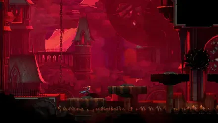 HD PC desktop wallpaper/background from the video game Castlevania: Belmont's Curse — crimson Gothic castle interior with Belmont running across chained platforms.