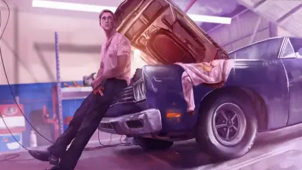4K Ultra HD digital art PC wallpaper: a movie-style male leans against a vintage car with its hood open in a neon-lit garage, cinematic lighting and retro, cinematic atmosphere.