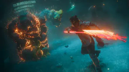 HD PC desktop wallpaper from video game Control Resonant: underwater diver lunges with a red energy blade at a glowing, magma-like sea monster.