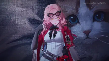 2K Quad HD anime wallpaper of Ananta — pink‑haired video game girl in a red coat and sunglasses, posed before a giant cat face backdrop.