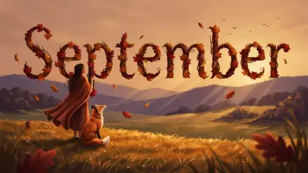 September autumn landscape 4K Ultra HD PC desktop wallpaper: a cloaked figure and dog gaze over golden fields as leaf-formed September drifts across a warm sky.