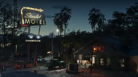 Grand Theft Auto VI 4K PC wallpaper: nighttime motel scene with neon Starlet Motel sign, palm trees, parked cars and moody coastal skyline from the Grand Theft Auto video game.