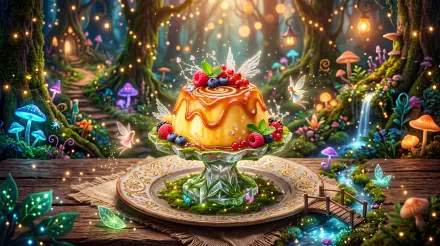 5K Ultra HD PC desktop wallpaper background of a glossy pudding dessert cake on a crystal stand, topped with berries and surrounded by glowing mushrooms, fairy lights and an enchanted forest.