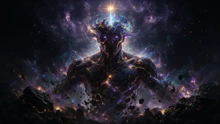 4K Ultra HD PC desktop wallpaper of a colossal forgotten god‑like alien formed from swirling galaxy gas and stars, glowing eyes, emerging from cosmic debris in deep space.