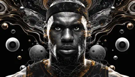 4K Ultra HD PC desktop wallpaper: stylized close-up portrait of a male basketball player in a headband, intense stare, cracked texture overlay and swirling metallic orb background.