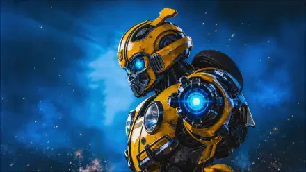 4K Ultra HD Transformers PC wallpaper showing Bumblebee — yellow armored robot with glowing blue optics against a dramatic deep-blue cosmic backdrop (tags: OptimusPrime).